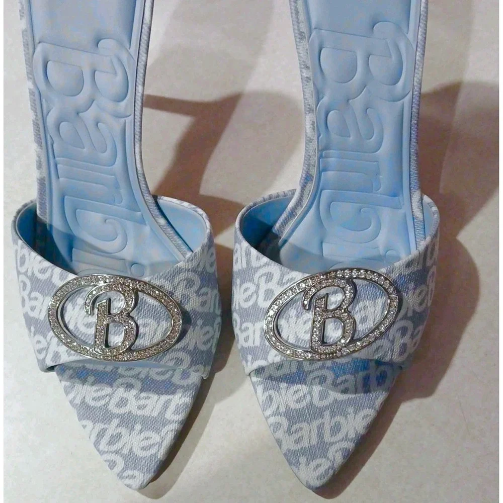 Aldo x Barbie Rhinestone Heels Sz 8.5 Sold Out Limited Edition Pink Logo Mules - Picture 6 of 9